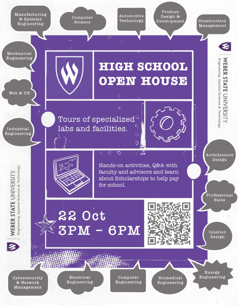 👨🏾🔬👩🏼💻👩🏽🔬🧑🏻🔬Are you a high school junior or senior ready to build, design, and innovate? Join us at Weber State University for the College of Engineering, Applied Science & Technology (EAST) Open House. ⚙️📐🤖 🖥️ Whether you’re passionate about robotics, software development, advanced manufacturing, or design, this event is your direct line to the degree and career path that fits your ambitions. Parents and guardians are strongly encouraged to attend! We are excited to invite you to the College of Engineering, Applied Science & Technology (EAST) Open House at Weber State University. Join us on October 22 from 3:00 PM to 6:00 PM at the Noorda Building to explore degree programs, facilities, and career pathways in engineering and technology. Representatives will be available to share information about student clubs and organizations, financial aid and scholarships, Envisioneering Summer Bridge, academic advising, and more. Learn about Scholarships to help pay for school! Event Details: Date: October 22 Time: 3:00 pm – 6:00 pm Location: Noorda Building | Weber State University Who Should Attend: High school juniors, seniors, and parents/guardians Event Schedule: 3 pm - 5:15 pm Tours, Demonstrations, Hands-on Activities, Information 5:30 - Prizes, Live Demonstration & Refreshments Optional Activity During the Event: Get ready to build, tweak, and unleash your very own epic machine! Working in small teams with everyday materials, you'll have 45 minutes to design and construct cool subsystems before linking them into one giant domino-effect contraption. Whether your creation works on the first try or takes a few tweaks to perfect, you'll dive hands-on into the world of engineering and physics in the most awesome way possible! Register now to guarantee your spot! Use the QR code or the link below. Free, first-come, first-served! https://www.weber.edu/eastoutreach/high-school @davisschools Davis School District @weberstate @utahcte #professionbasedlearning #wherestudentslead #EngineeringCareers