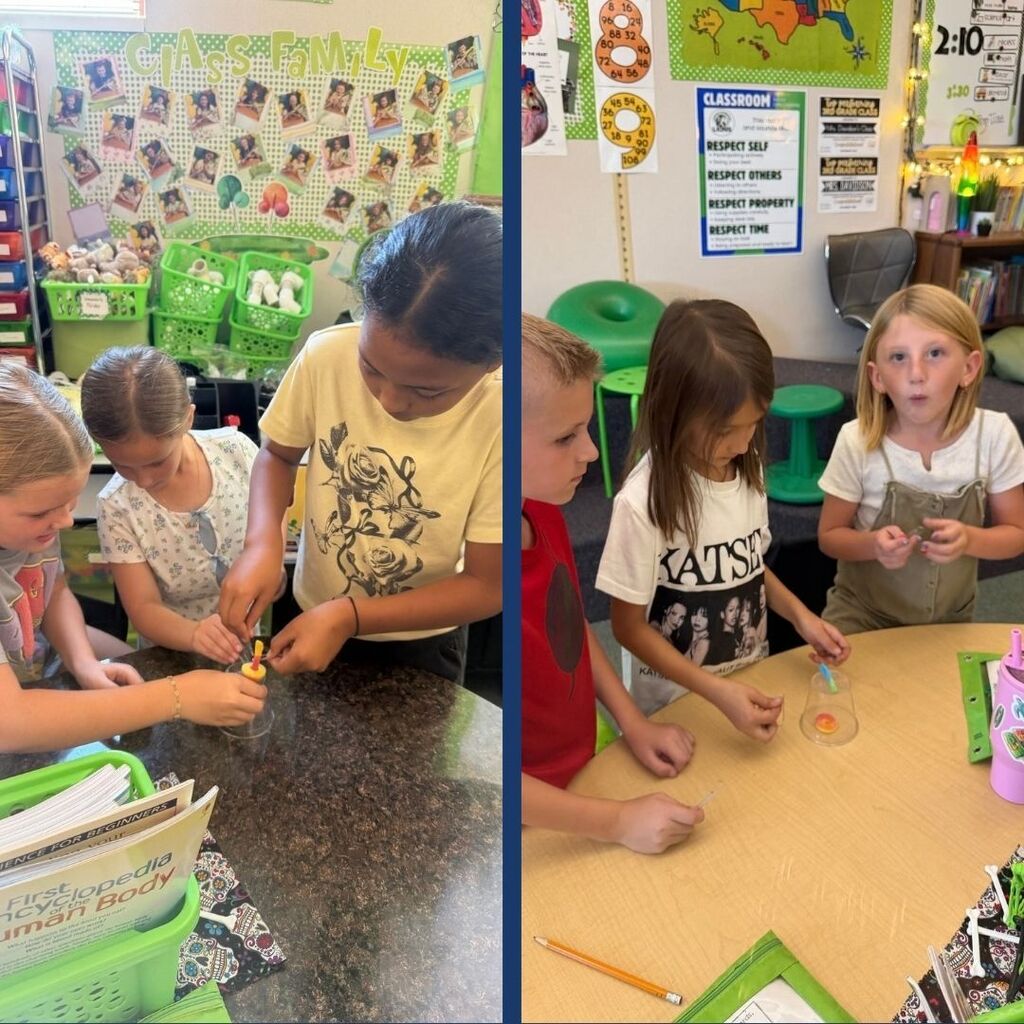 Students work together to get a gummy worm in a gummy ring.