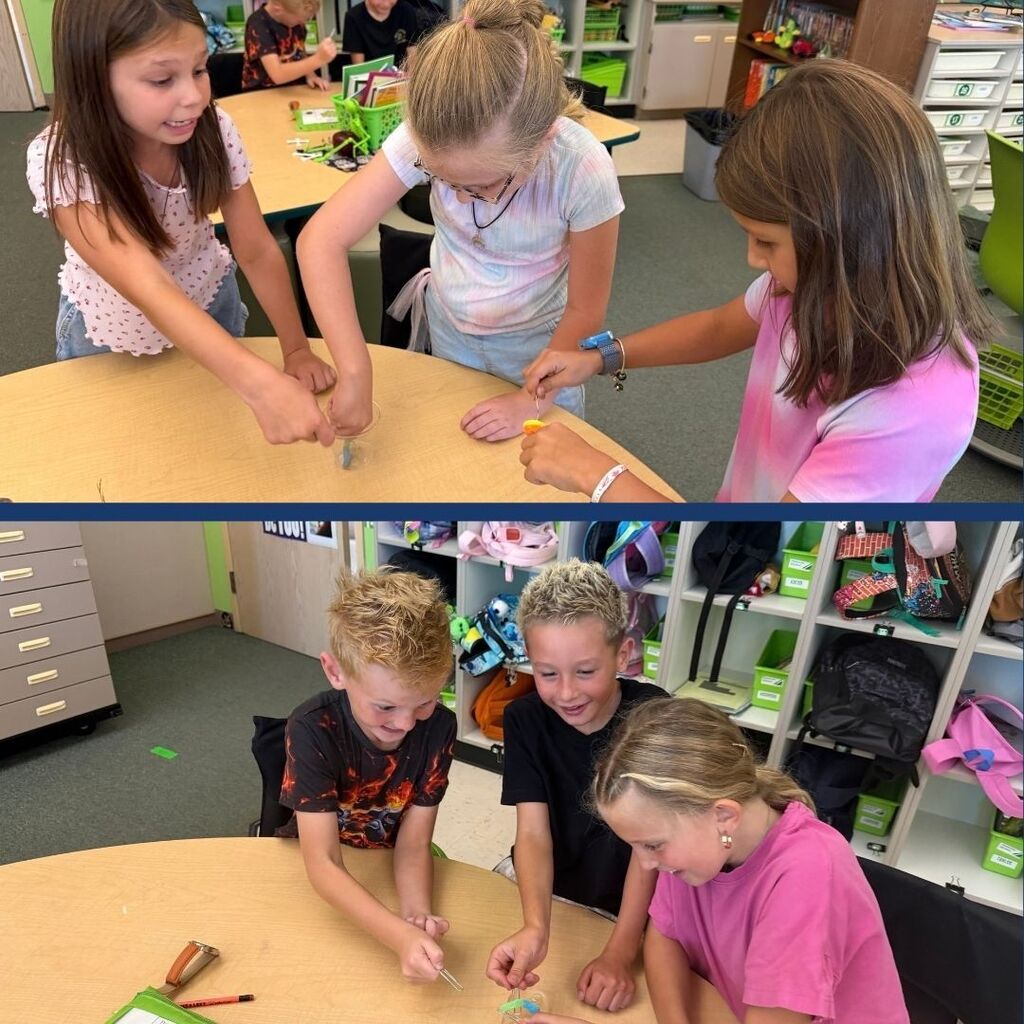 Students work together to get a gummy worm in a gummy ring.