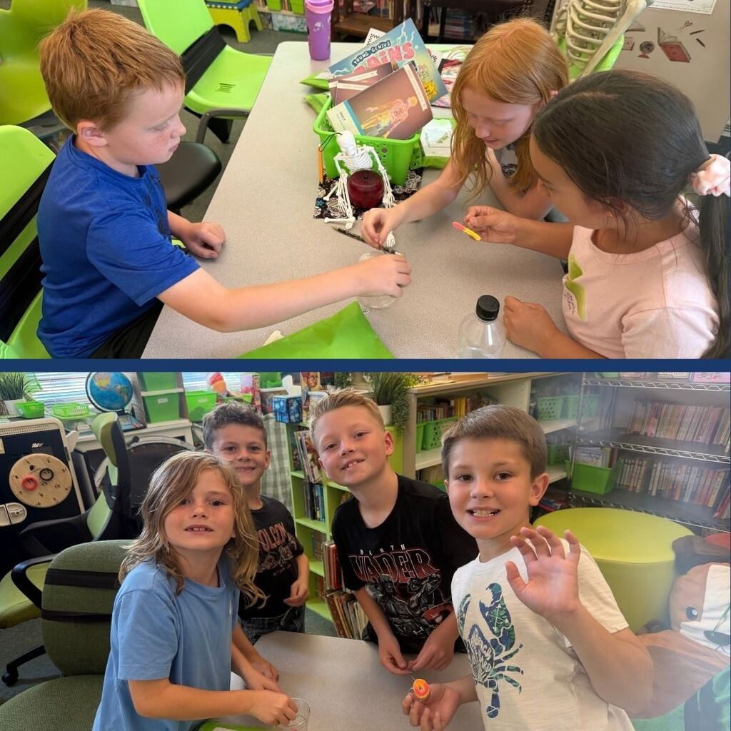 Students work together to get a gummy worm in a gummy ring.