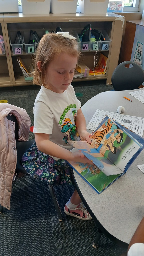 A young student sitting at a table with a paper and pencil in the background. The student is reading a picture book.