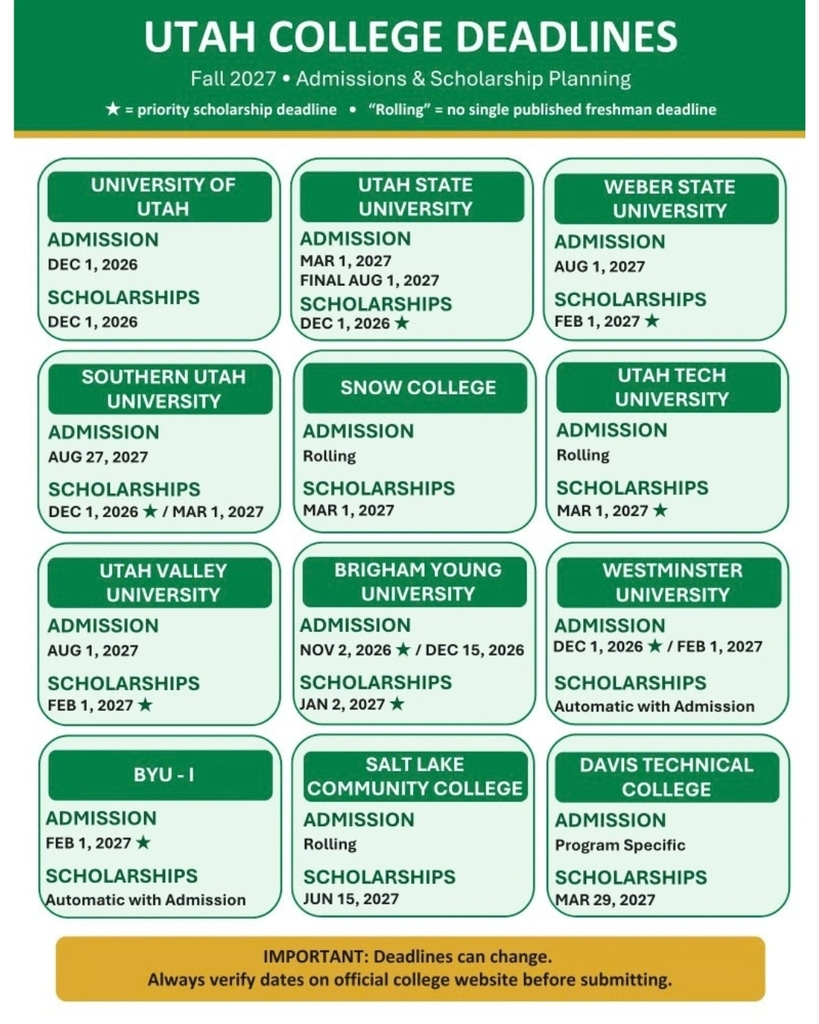 Utah College Deadlines for admissions and scholarships