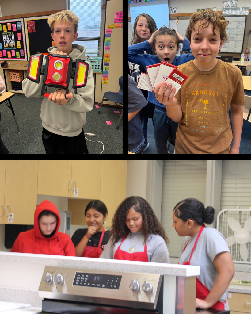 Students in different classes working, some in the kitchen, other opening memory cards, and another holding a portable light