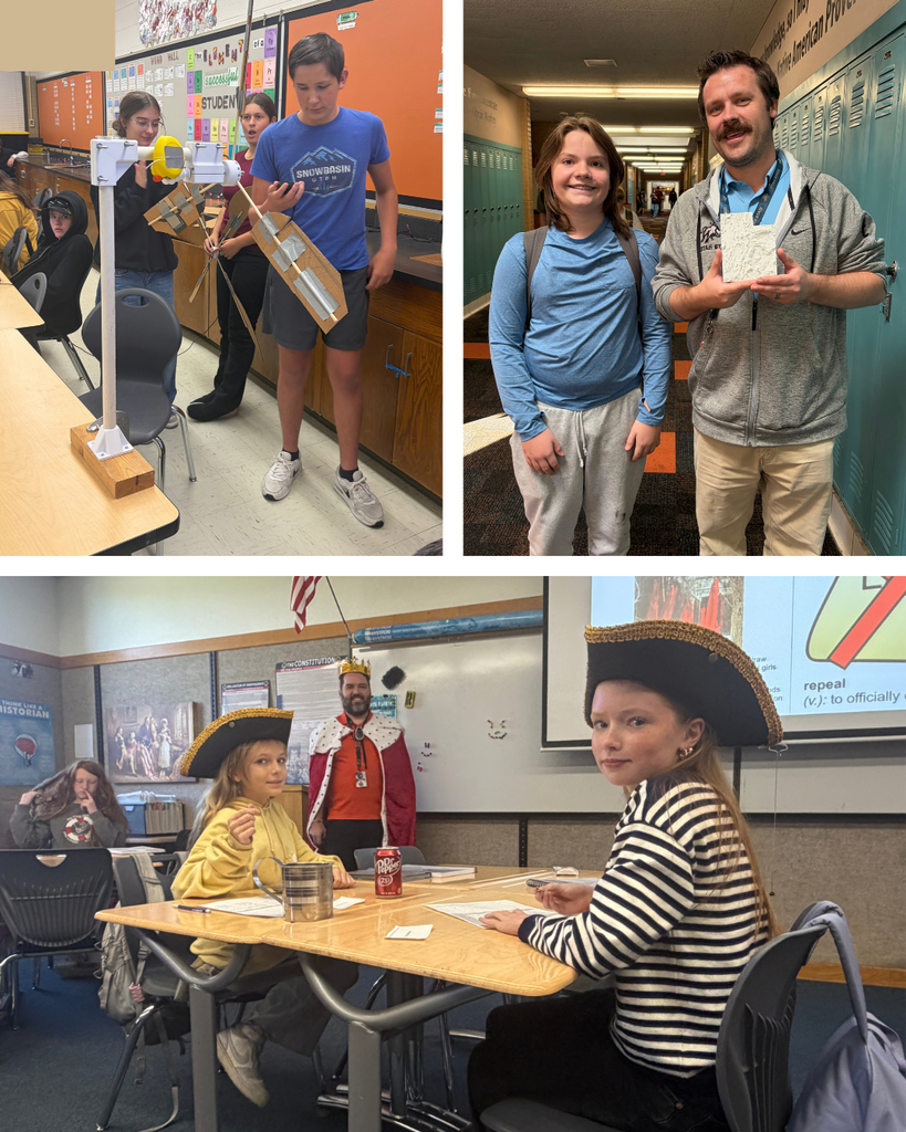 students in different classes. Some playing tax collectors, others conducting a physics experiment, and as student giving a teacher a topographic map of Utah