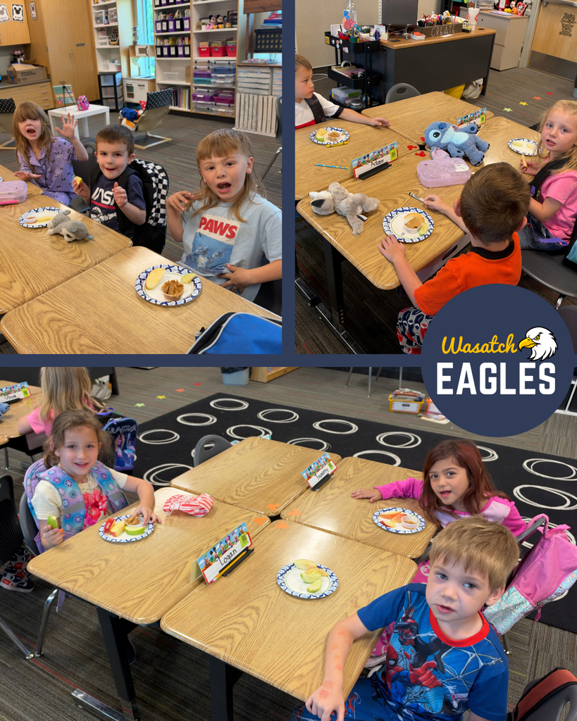 Collage of elementary students participating in an apple-tasting activity in a classroom. The top left image shows three students seated at a table with paper plates holding apple slices and a small serving of dip. The top right image shows four students gathered around a table with plates of apple slices, stuffed animals, and classroom supplies nearby. The bottom image shows four students seated at grouped desks with plates containing apple slices of different colors, likely comparing apple varieties. Classroom bookshelves, storage bins, rugs, and learning materials are visible in the background. A "Wasatch Eagles" logo appears on the right side of the collage.