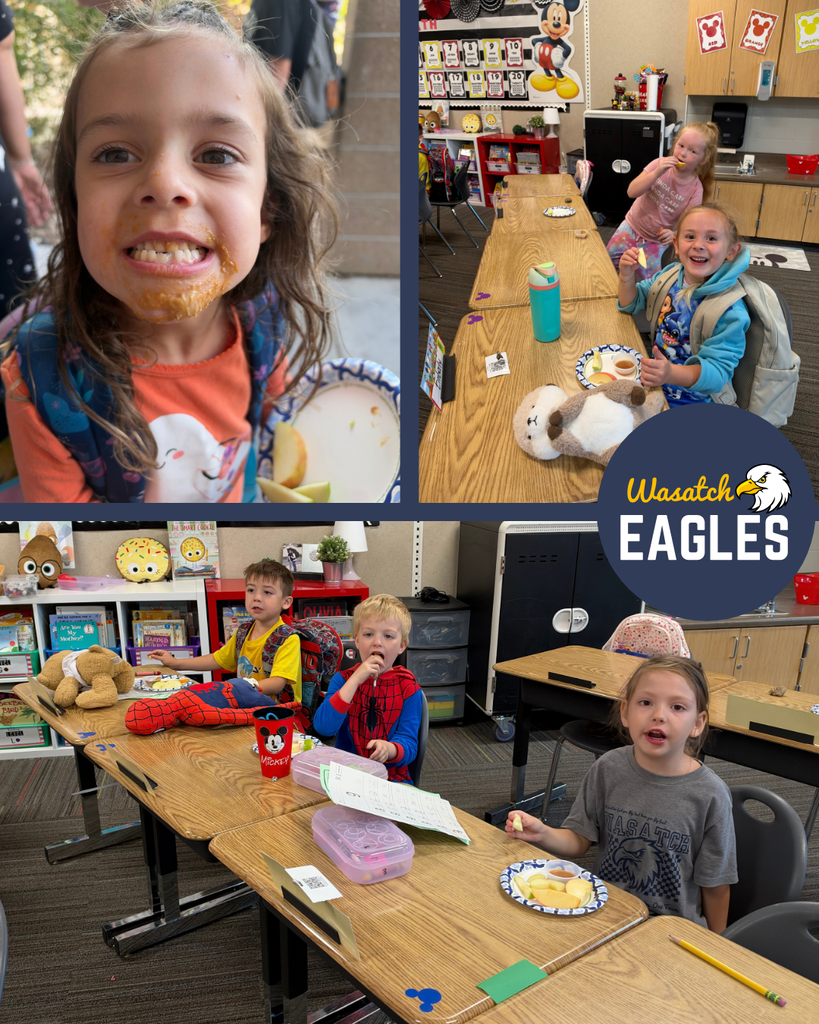 Collage of elementary students participating in an apple-tasting activity in a classroom. The top left image is a close-up of a student holding a paper plate with apple slices and dip after taking a bite. The top right image shows two students seated at a table eating apple slices, with paper plates, water bottles, and stuffed animals nearby. The bottom image shows three students seated at grouped desks with plates containing slices of different apple varieties and dipping sauce. Bookshelves, classroom supplies, student desks, and learning materials are visible throughout the classroom. A “Wasatch Eagles” logo is displayed on the right side of the collage.