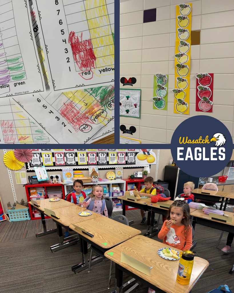 student-created bar graphs colored red, yellow, and green to represent different apple colors. The top right image shows a large classroom graph made with apple cutouts, with yellow apples forming the tallest column and smaller columns of green and red apples. The bottom image shows several elementary students seated at desks eating apple slices while participating in the activity. A "Wasatch Eagles" logo appears on the collage. The classroom includes bookshelves, learning materials, and a calendar display in the background.