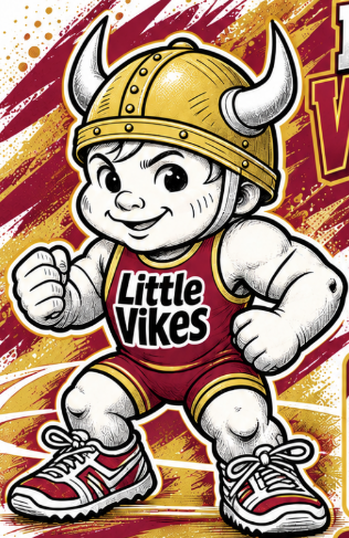 little viking in wrestling gear with horned helmet