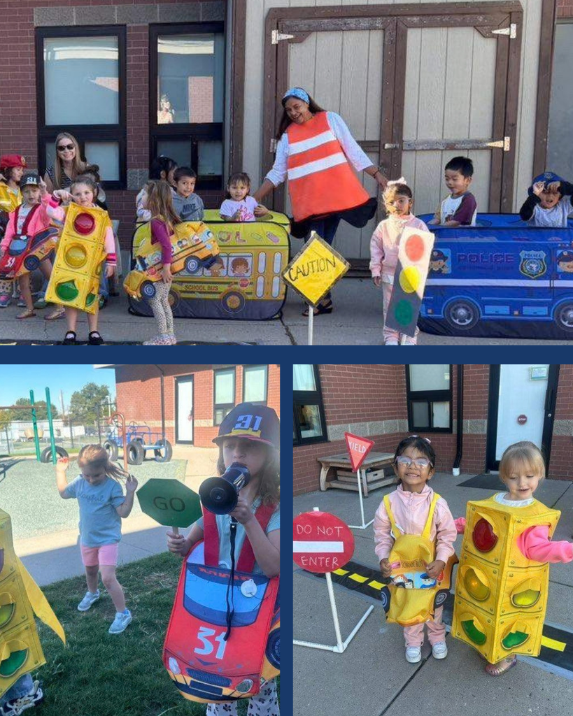 Students dressed up in costumes practicing crosswalk safety.