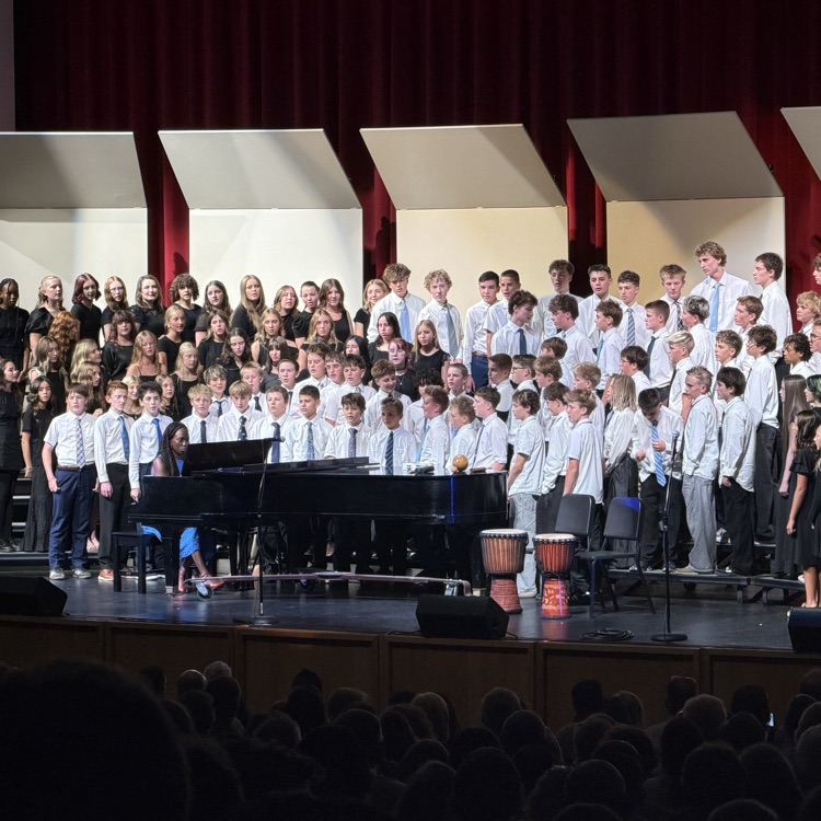 a large group of junior high students stand on risers and sing for a crowd