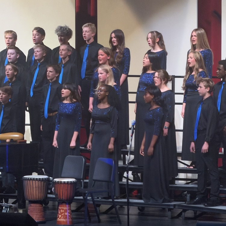 a large group of junior high students stand on risers and sing for a crowd