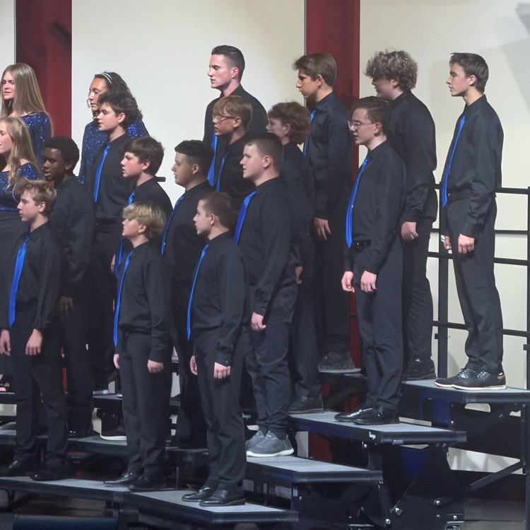 a large group of junior high students stand on risers and sing for a crowd