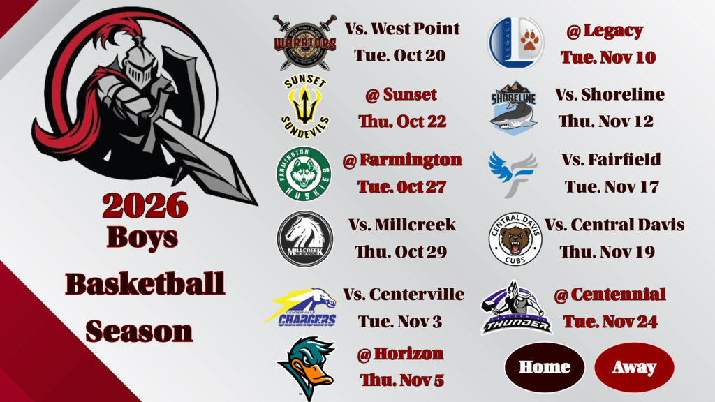 image of kjh knight logo a knight pointing a sword holding a shield. 2026 boys basketball season vs. west point tue. oct 20 @ sunset thu. oct 22 @ farmington tue. oct 27 vs. millcreek thu. oct 29 vs. centerville tue. nov. 3 @ horizon thu. nov 5 @ legacy tue. nov. 10 vs. shoreline thu. nov. 12 vs. fairfield tue nov 17 vs. central davis thu. nov. 19 @ centennial tue. nov. 24 home away