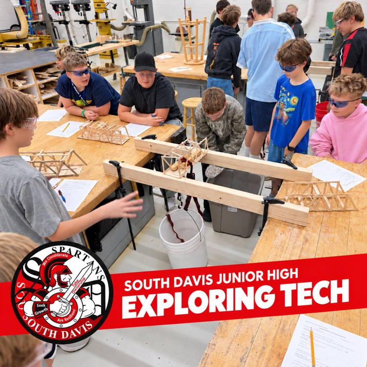 Students in Mr. Hellewell’s Exploring Tech class test the strength of wooden bridges using suspended weights.