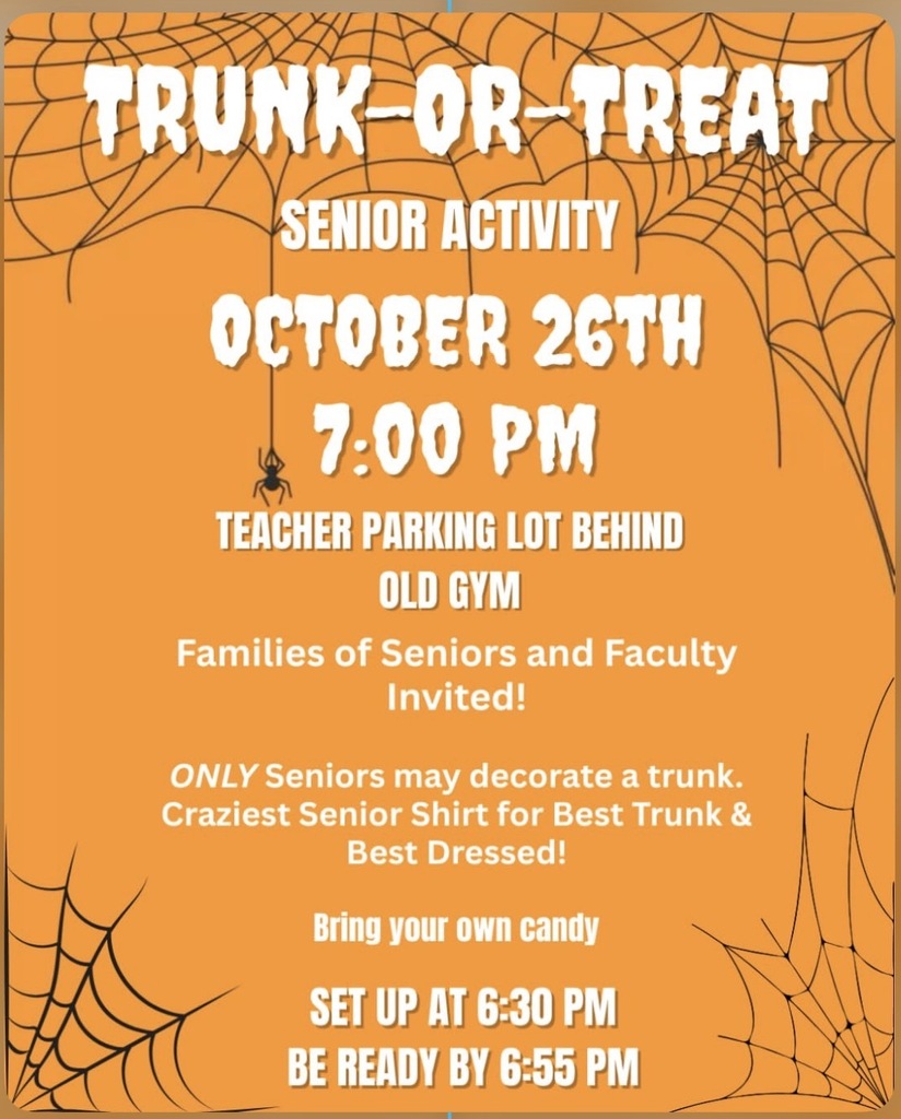 Trunk or Treat, Senior activity, October 26th at 7:00 pm