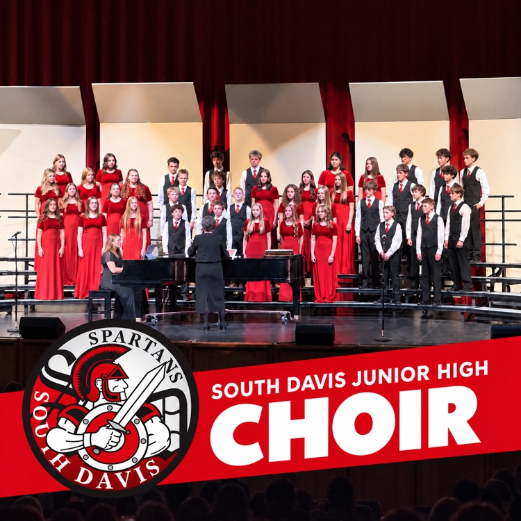 South Davis Junior High choir performs on stage, featuring the school logo and red “CHOIR” banner.