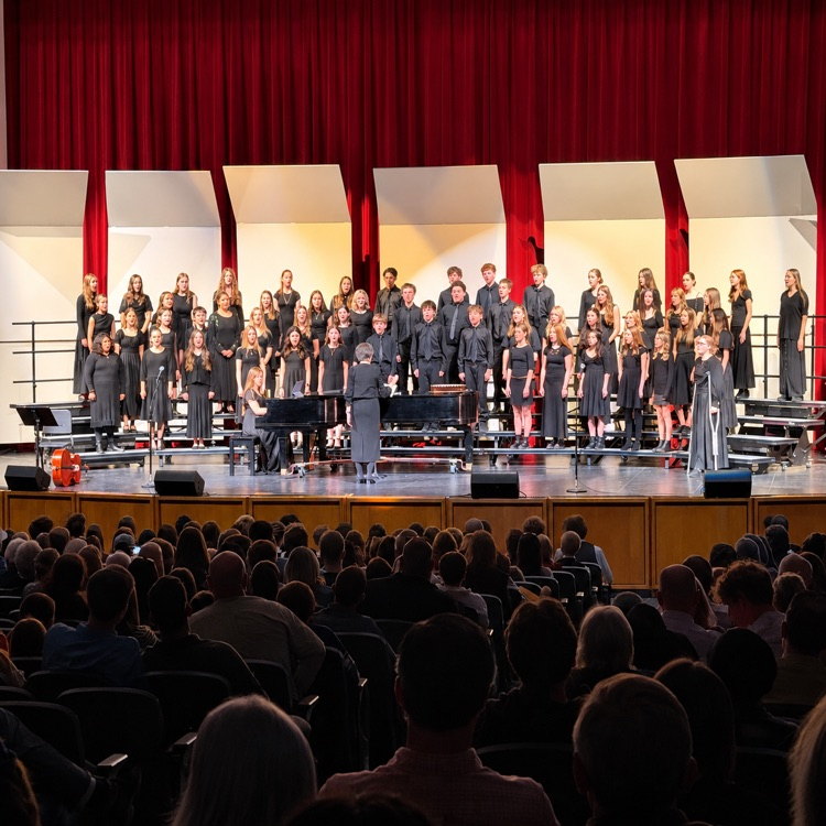 South Davis choir students dressed in black perform on stage in front of an audience.