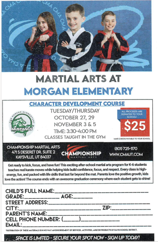Martial Arts at Morgan Elementary on Tuesday and Thursday.  October 27th, 29th, November 3rd and 5th from 3:30 - 4:00pm.  Classes will be taught in the gym.  Please fill out the registration form and return it to the office.  Participation fee can be paid on myDSD or in the office with cash, check or card - $25.