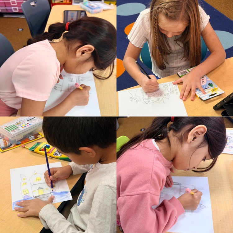 students drawing haunted houses 
