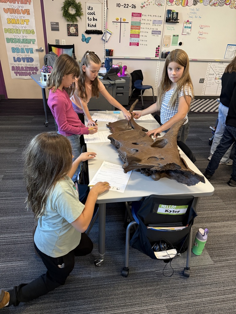 four girls standing around a table with a large brown replica fossil of a horned dinosaur
