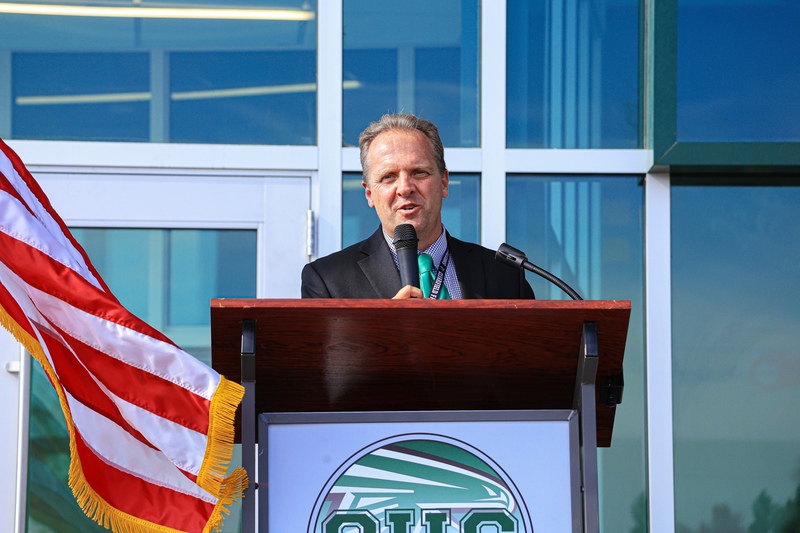 Clearfield High Principal TJ Barker speaks at ribbon cutting