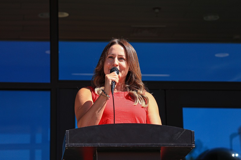 Board Member Joani Stevens speaking at the BHS CTE building ribbon cutting