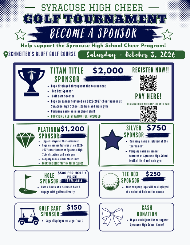 SHS Cheer golf tournament sponsorship opportunities. Ranging from cash donations to being a title sponsor for $2000.
