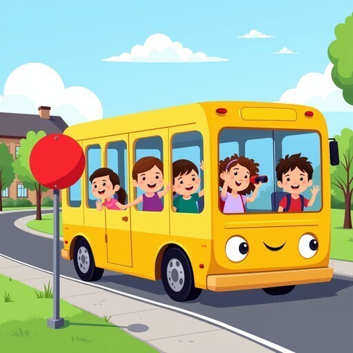 children on a cartoon school bus.