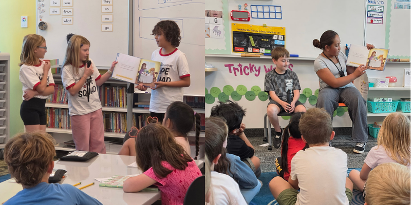 Photo collage of Bountiful Elementary Hope Squad members at the front of a classroom sharing a picture book with students seated in front of them.