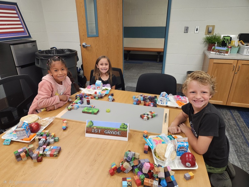 1st graders eating lunch and building with minecraft blocks