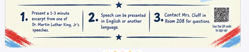 Pick a speech to present.  Questions see Mrs. Cluff in room 208