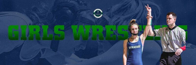GIRLS WRESTLING BANNER; female wrestler getting hand raised by official