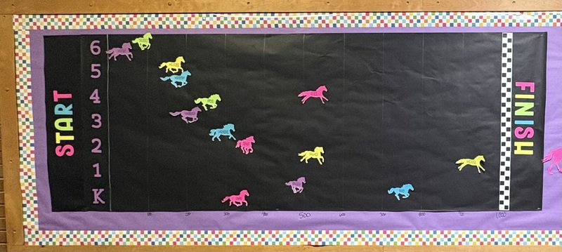 Image of bulletin board showing progress of donations. Mustangs are racing each other from start to finish. 