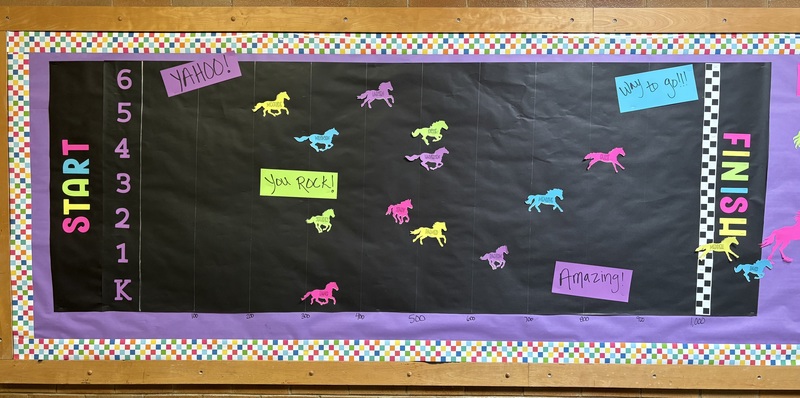 Image of bulletin board showing progress of donations. Mustangs are racing each other from start to finish. 