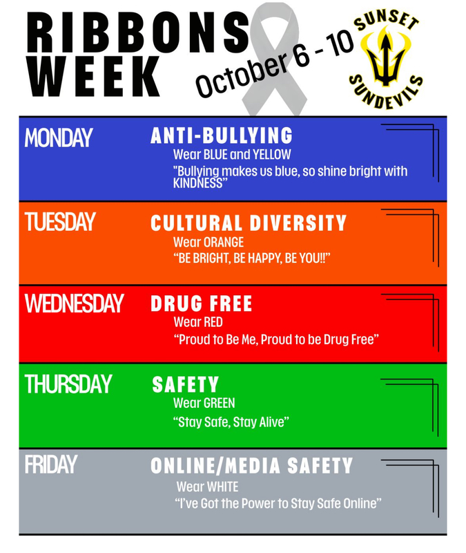 RIbbons Week flyer for October 8 - 10. Monday wear blue and yellow for anti-bullying; Tuesday wear Orange for cultural diversity; Wednesday wear red for being drug-free; Thursday wear green for safety; Friday wear white for online/media safety.