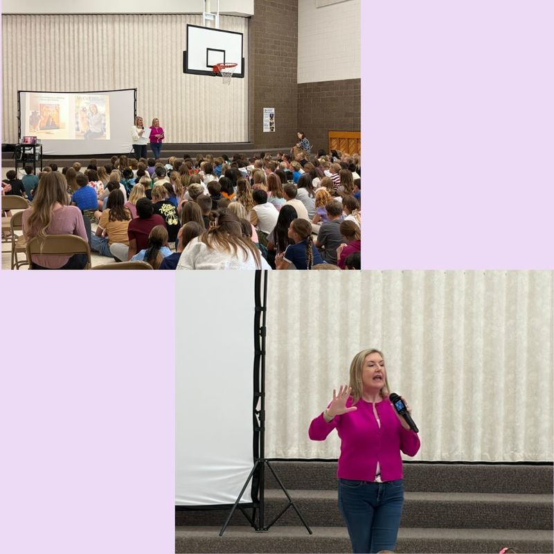Pictures of author McCall Hoyle speaking to students at Sand Springs Elementary