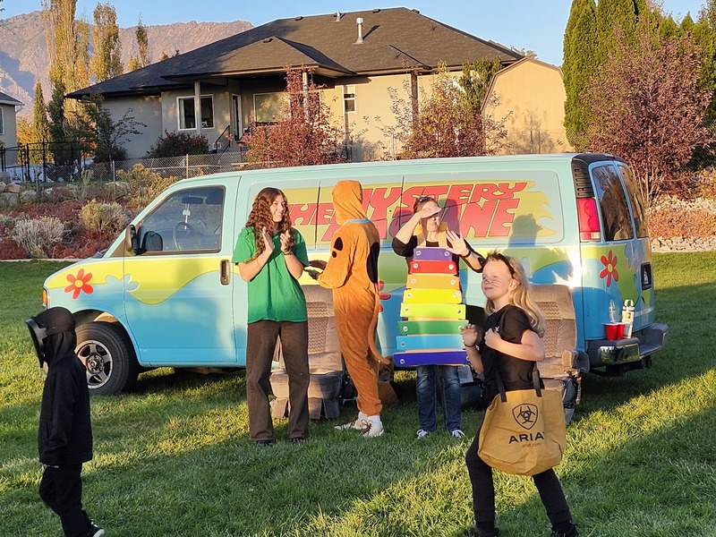 The mystery machine van with Shaggy, Scooby and a xylophone