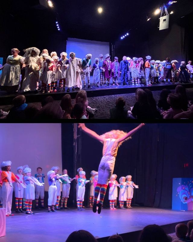 Photo collage of students performing in the Willy Wonka Jr play.