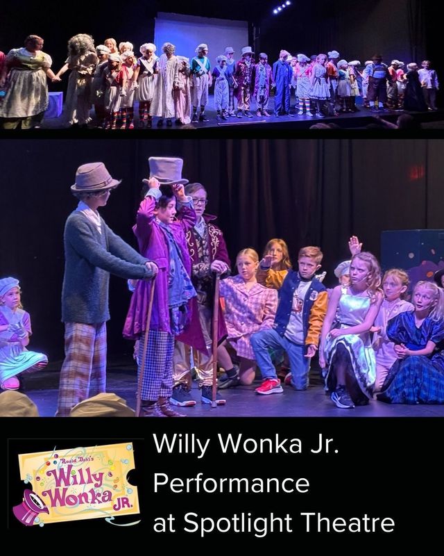 Willy Wonka Jr Performance at Spotlight Theatre. Image of golden ticket and Willy Wonka Jr logo. Photo collage of students performing in the Willy Wonka Jr play.