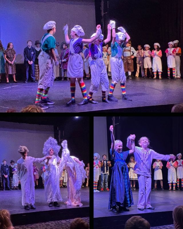 Photo collage of students performing in the Willy Wonka Jr play.