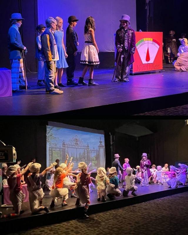 Photo collage of students performing in the Willy Wonka Jr play.