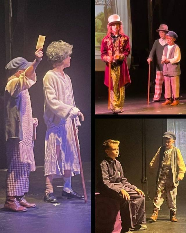 Photo collage of students performing in the Willy Wonka Jr play.