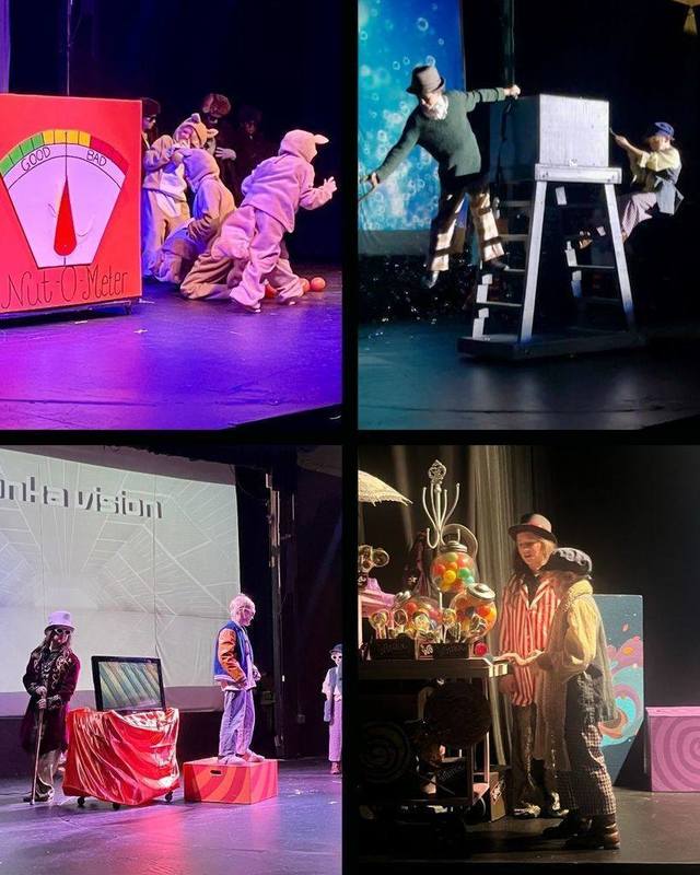 Photo collage of students performing in the Willy Wonka Jr play.