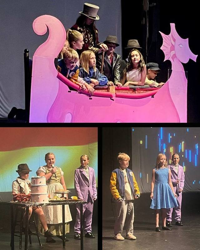 Photo collage of students performing in the Willy Wonka Jr play.