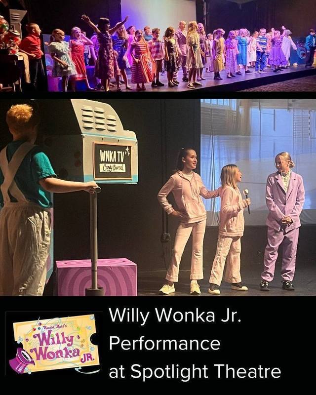 Willy Wonka Jr Performance at Spotlight Theatre. Image of golden ticket and Willy Wonka Jr logo. Photo collage of students performing in the Willy Wonka Jr play.