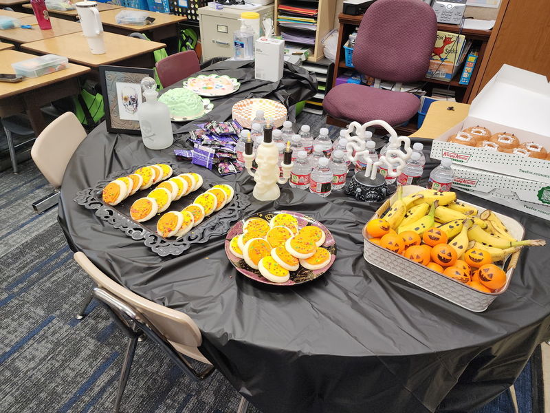 Table of snacks for a Halloween party.