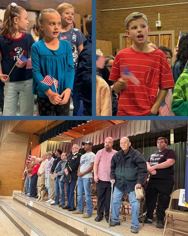 Collage of students and military veterans at veterans day assembly.