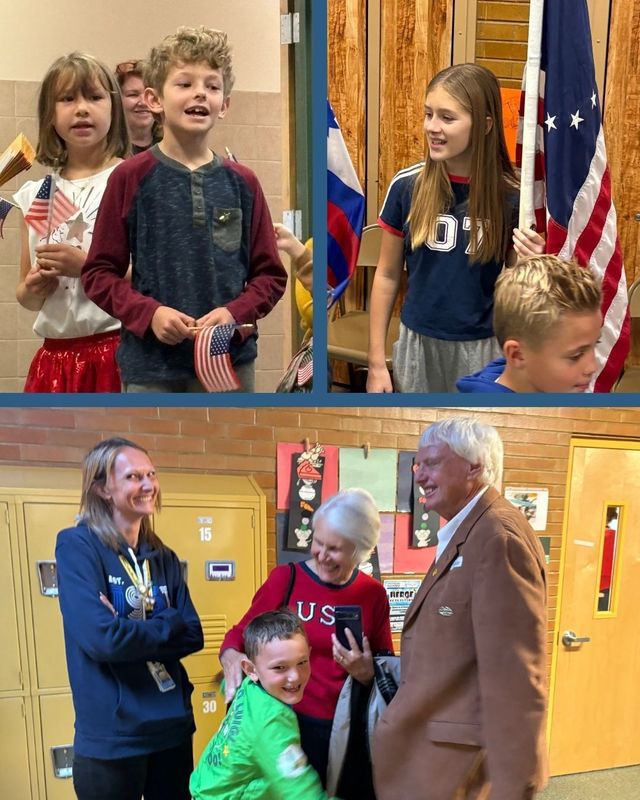 Collage of students and military veterans at veterans day assembly.