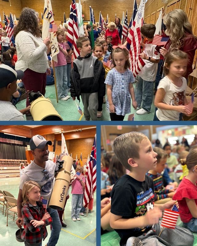 Collage of students and military veterans at veterans day assembly.