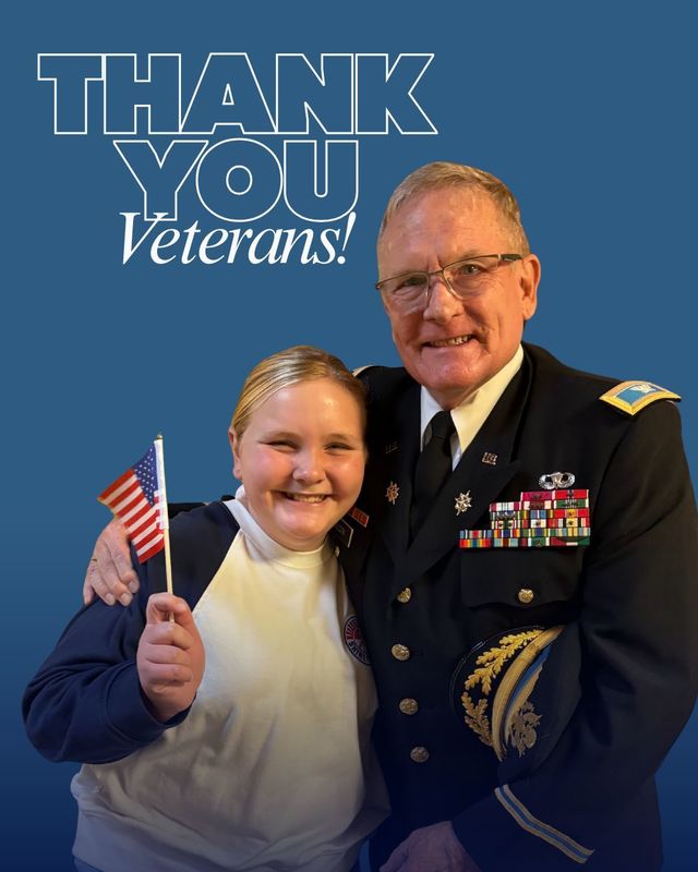 Text: "Thank you, Veterans!" with photo of student and her grandfather in military uniform